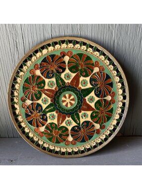 Vintage Greek Byzantine Cloisonné Mosaic Enameled Bronze Wall Plate Art 7.50”